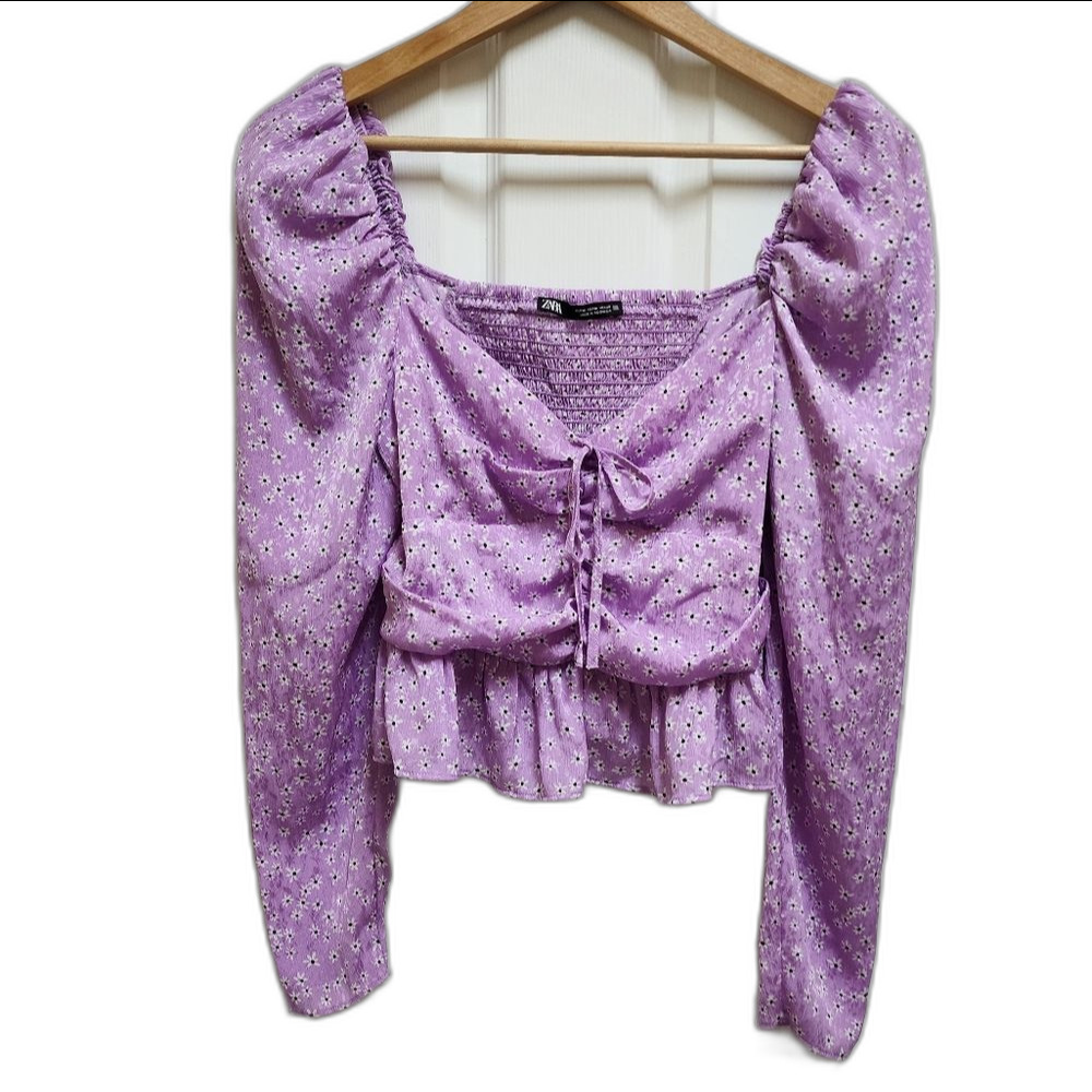 Zara Top Women Sz M Purple Floral Sweetheart Lace Up Puff Slv Smocked Babydoll